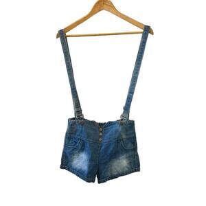 Distressed High Waisted Denim Jean Short Overalls M